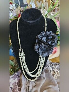 Vintage Style Multi-Strand Faux Pearl Necklace with Black Fabric Flower Corsage
